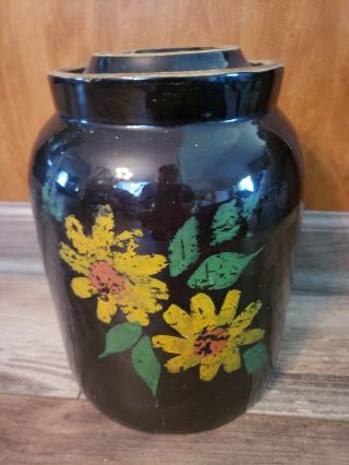 Vintage Stoneware Brown Earthenware Lid Crock Cookie Jar Painted Flower Unmarked