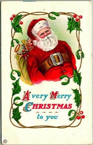 Vintage Christmas Postcard Santa Claus In Red Suit / Bag Of Toys Stecher 314a