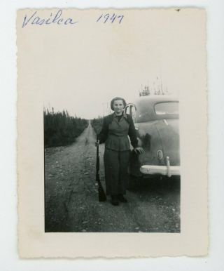 Woman Standing By Car Automobile With Gun Vintage Snapshot Found Hunting Photo