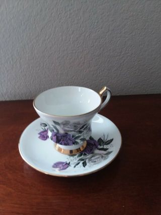 Vintage Royal Windsor Purple Rose W/gold Trim Fine Bone China Tea Cup & Saucer