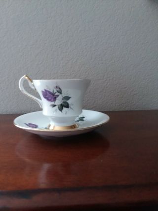Vintage Royal Windsor Purple Rose w/Gold Trim Fine Bone China Tea Cup & Saucer 3