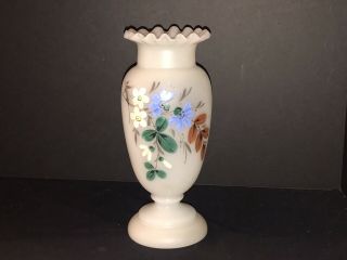 Antique Bristol Opaque White Glass Hand Painted Floral Crimped Ruffled Edge Vase