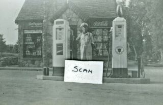 Vintage Photo Of Conoco Gas Pumps With Attendant,  Dr Pepper,  Coca Cola Sign