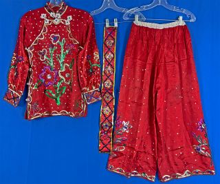 Vintage Chinese Festival Red Satin Sequin Beaded Belt Cheongsam Top Palazzo Pant