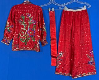 Vintage Chinese Festival Red Satin Sequin Beaded Belt Cheongsam Top Palazzo Pant 2