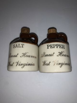 Vintage Almost Heaven West Virginia Salt & Pepper Shakers Moonshine Jugs