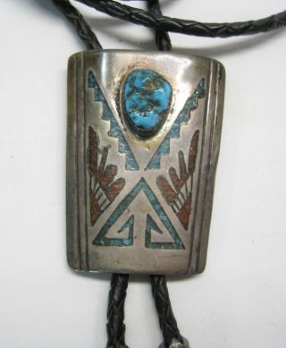 Vintage Native American Bennett Sterling Silver And Turquoise Inlay Bolo Tie