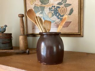 Antique / Vintage Primitive Brown Glaze Stoneware Crock Canning Jar 7 " Tall