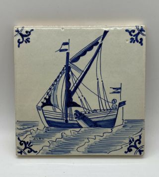 Vintage Dutch Delft Delftware Tile Blue And White Tile Sailboat Ship Boat 5 " B9