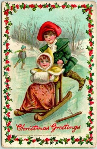 1910s Vintage Christmas Postcard Boy Pushing Girl On Ice Sled Tuck 