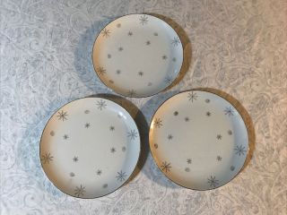 Fine Snowflake Japan Dessert Plates Set Of 3 Vintage White Porcelain Silver Rim