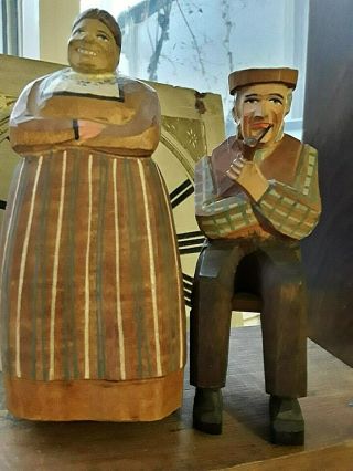Antique Folk Art Carvings,  Quebec Wooden Folk Art Man And Woman Carving