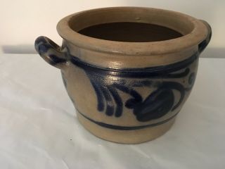 Vintage Flow Blue Stoneware Crock With 2 Handles