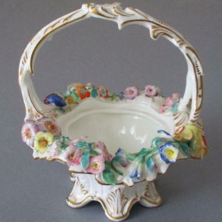 Antique Dresden Style Porcelain Handled Basket Encrusted Flowers W Gilt Accents