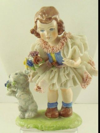 Antique Dresden Germany Figurine Little Girl & Dog Porcelain Ruffled Lace Dress