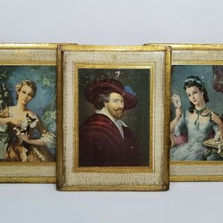 3 Florentine Gilt Toleware Portraits Lady Dog Fancy Plaques Wall Hangings Wood