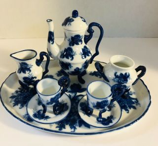 Cracker Barrel Blue & White Porcelain Mini Tea Set 10 Piece Missing Sugar Lid