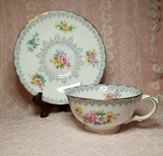 Vintage Crown Staffordshire Tea Cup & Saucer Set Gray W Pink,  Yellow,  Blue Flower