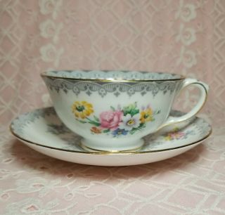 Vintage CROWN STAFFORDSHIRE Tea Cup & Saucer Set Gray w Pink,  yellow,  blue flower 2