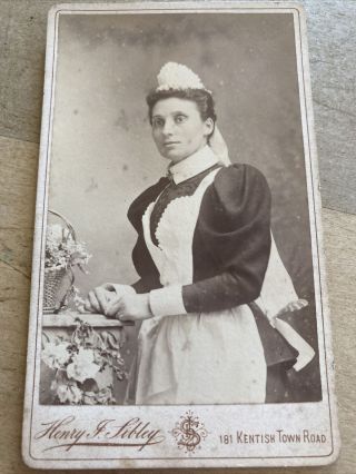 Victorian Cdv Photo Woman In Housemaid / Servant Dress W/ Hat & Apron - London