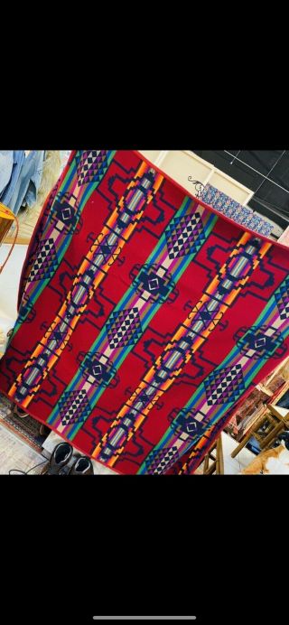 Vintage 1990s Pendleton Beaver State Wool Blanket Red Blue Quilt Full Twin