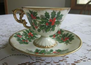 Vintage Holly Berry Lusterware Tea Cup And Saucer Set