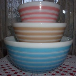 Vintage 1965 Pyrex Rainbow Stripes Mixing Bowls 401 402 403 Pink Tan Blue Vguc
