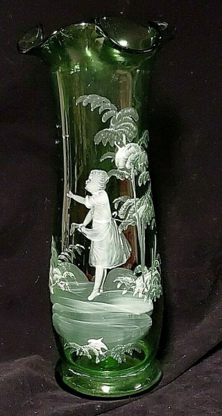 Antique Mary Gregory Green Glass Vase - Hand Painted Girl In Garden 8 1/4 "