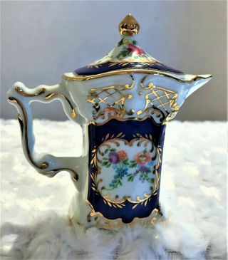 Vintage Small Blue And White Porcelain Pitcher Floral With Gold,  Lidded China
