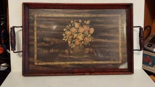 Vtg Serving Tray/frame With Handles Victorian Flowers Scene Print Under Glass