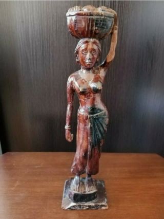 Vintage Wood Figure Hand Craved Wooden Statue Figures Art Women Folk