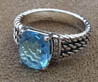 Vtg David Yurman 925 Sterling Silver Blue Topaz & Diamonds Wheaton Size 7.  5 Ring