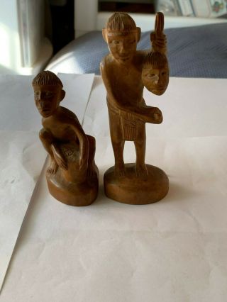 Antique Rare Hand Carved Wooden Natives - One With A Head