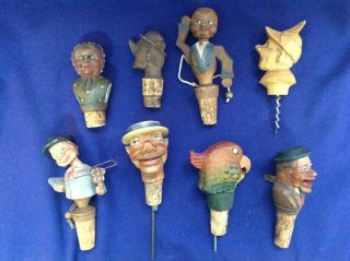 8 Vintage Hand Carved Paint Anri Bottle Stoppers Pourers Cork Screw Mechanical