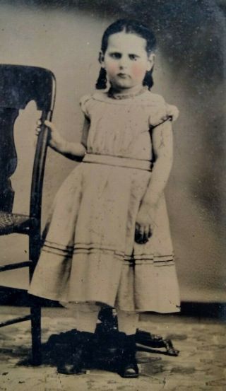 1870 Post Mortem Stand Young Girl Tinted Cheeks Antique Tintype Photo