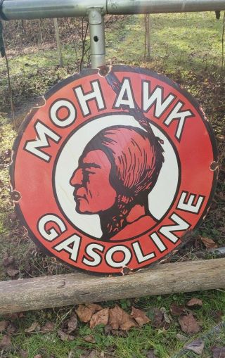 24 " Mohawk Gasoline Porcelain Sign 2 Feet Indian Chief Vintage Gas Motor Oil