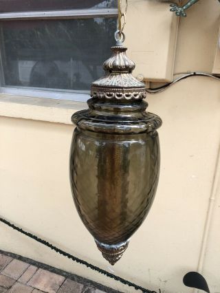 Large Vintage Mid Century Retro Hanging Swag Light Lamp Smoke Gray Glass