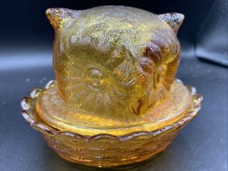 Vintage Amber Glass Owl Head On Nest Basket 2 Piece Candy Trinket Dish
