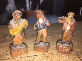 Three (3) Small Vintage (circa 1930’s) Carved Musicians.  Black Forest? German?