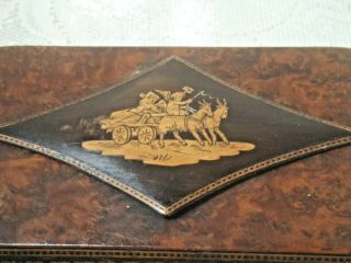Antique Hand Made Marquetry Exotic Wood Mens Trinket Watch Box Horse Carriage