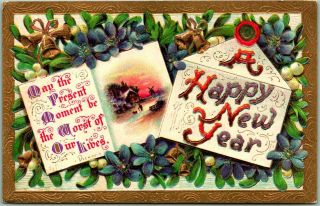 Vintage Happy Year Embossed Greetings Postcard Windmill Scene / Flowers
