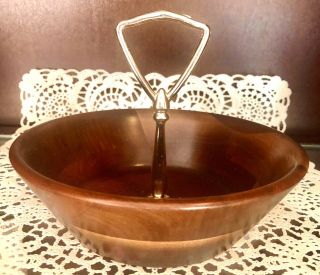 Vintage Mid - Century Retro Vermillion Real Walnut Wood Bowl With Gold Handle
