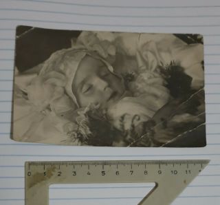 1930s Post Mortem Dead Baby In Open Coffin Сasket Funeral Romanian Vintage Photo