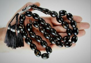 Vintage Islamic Muslim Black Coral Yusr 33 Prayer Beads Rosary Tasbih 14.  63 Mm