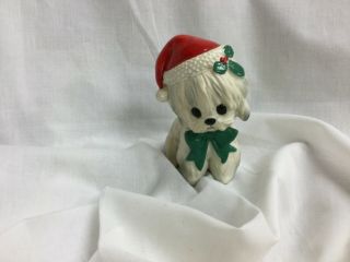 Vintage Lefton White Maltese Puppy Dog Santa Hat Christmas Figurine X - H7069 Mij