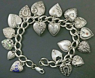 Vintage Art Deco 18 Puffy Heart Charm 925 Sterling Silver Bracelet 7 3/4 " 24.  3g
