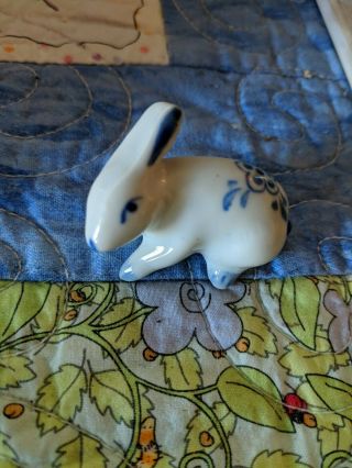 Vintage Delft - Style Hand Painted Ceramic Blue And White Bunny Rabbit Figurine 2 "