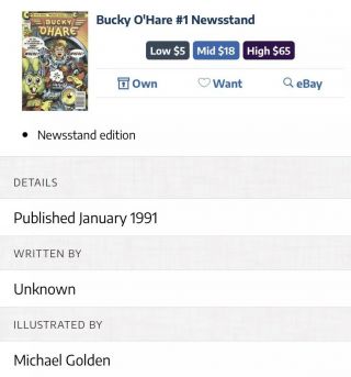 Bucky O ' Hare 1 (1991) Continuity Comics Larry Hama Newsstand Variant UPC Rare 2