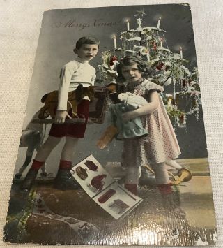 Vintage Antique Christmas Postcard Children Toys Horse Bunny Rabbit Photo Tree