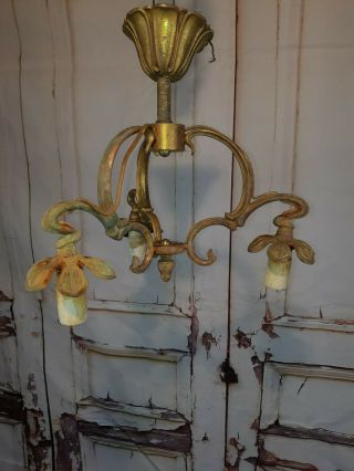 Vintage Antique French Art Deco Brass 3 Arm Chandelier Ceiling Light